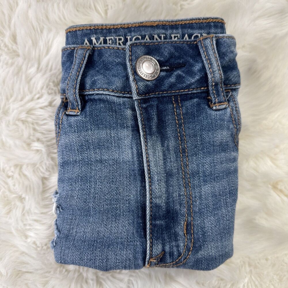 American Eagle Hi Rise Shortie Shorts 2 (W26 Inseam 1.5) Blue Distressed Womens - Picture 10 of 11